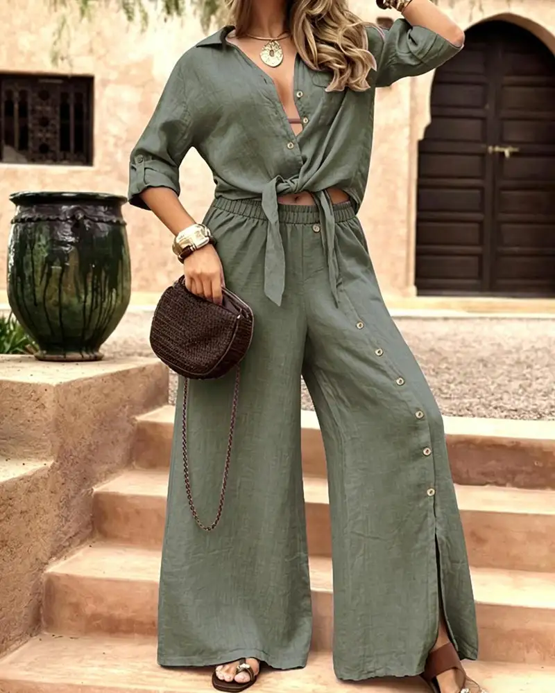 Linen-Blend Tie-Front Top and Wide Leg Pants Set