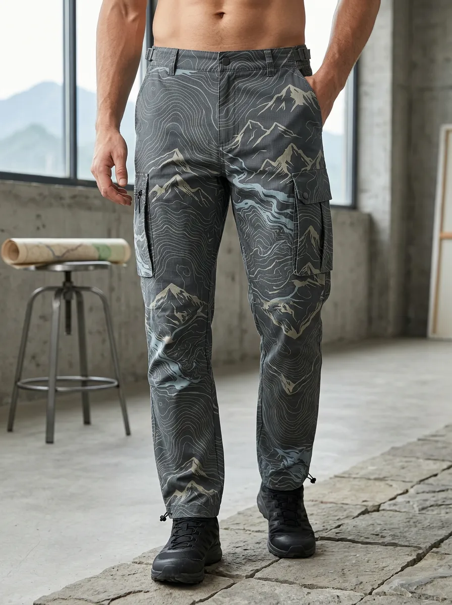 Men's Drawstring Topographic Print Cargo Pants
