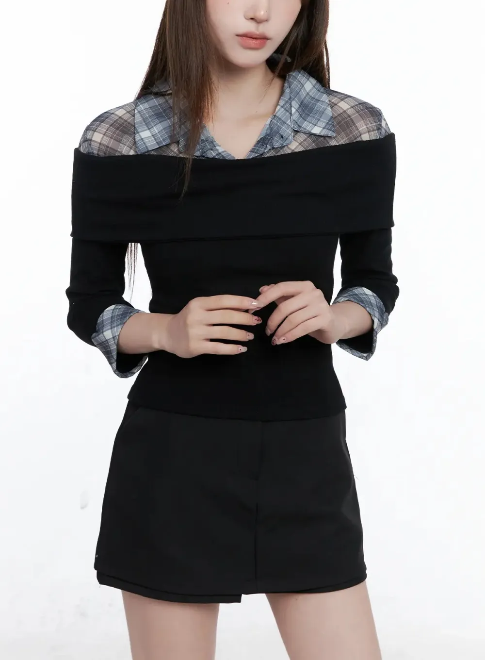 Plaid Collar Layered Long Sleeve Top