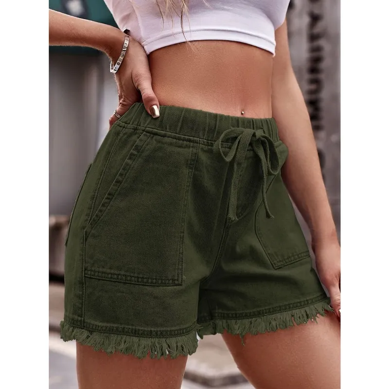 Drawstring Raw-Hem Denim Shorts