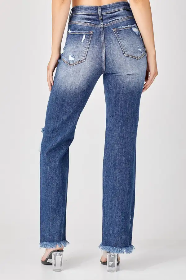 Straight Leg Raw Hem Distressed Denim Jeans