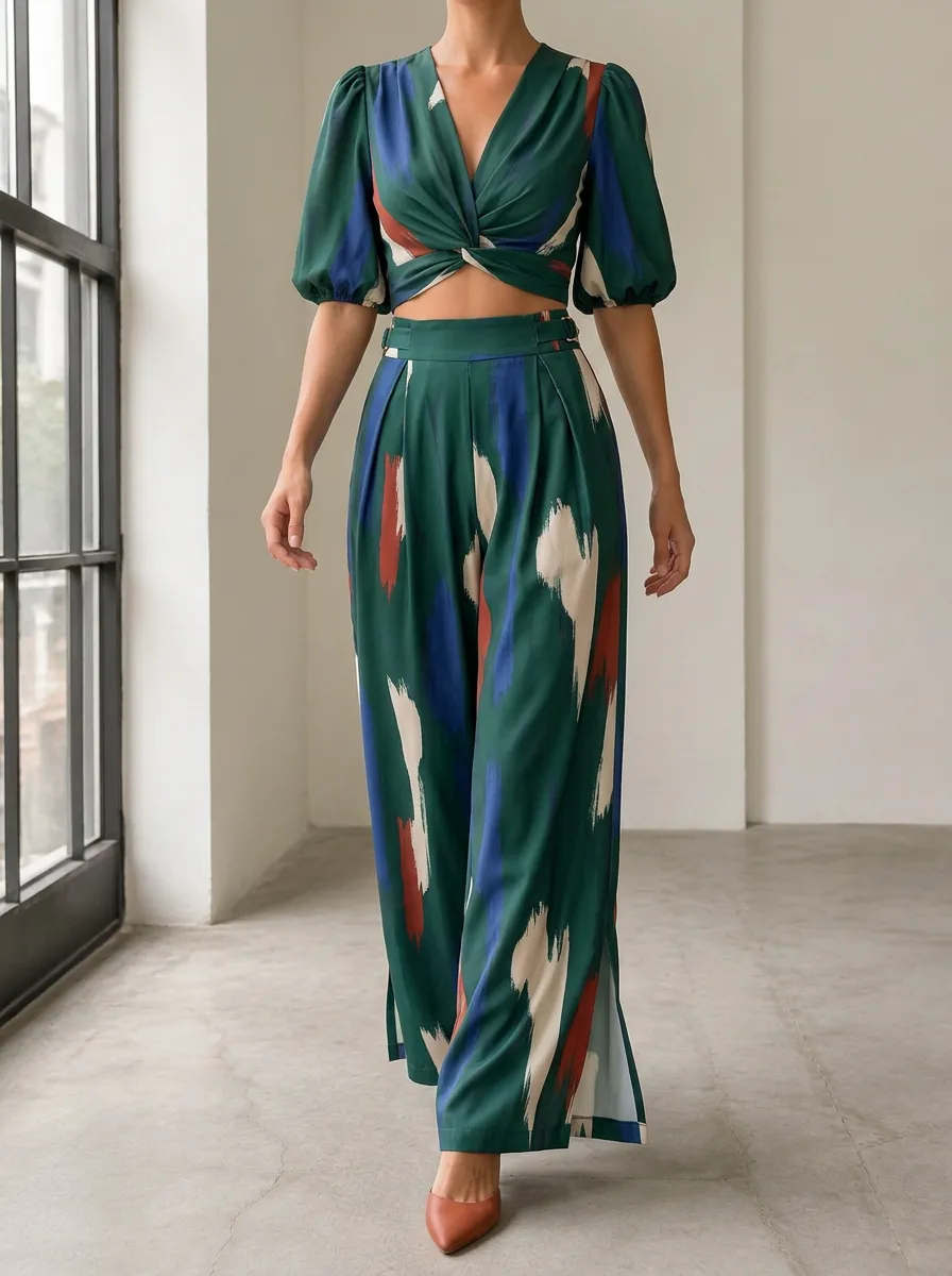 Women's Abstract Brushstroke Patterned V-Neck Crop Wide Leg Pants Set
