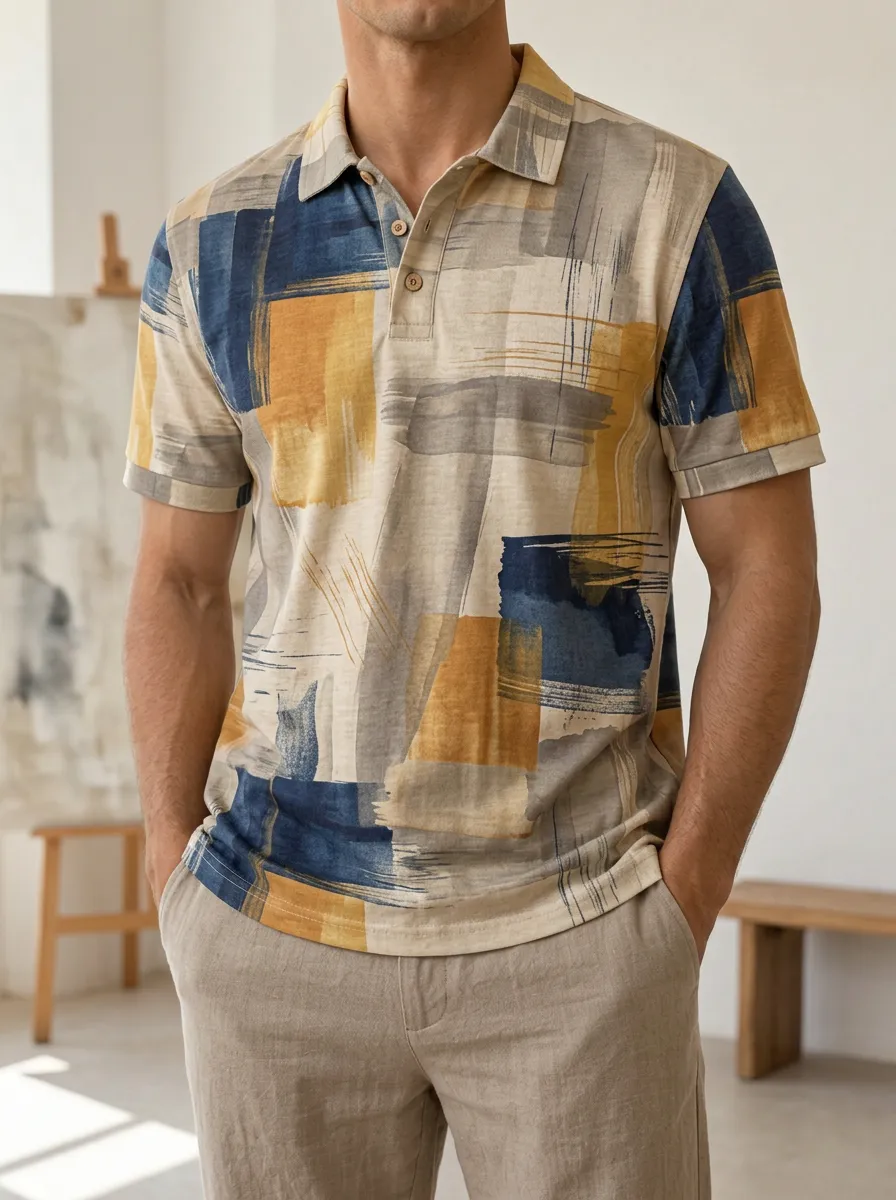 Men's Abstract Art Geometric Pattern Printed Polo Shirt Weekend Casual Style