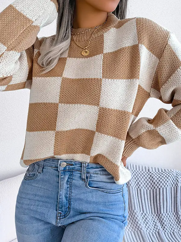 Plaid Round Neck Long Sleeve Relaxed Fit Sweater