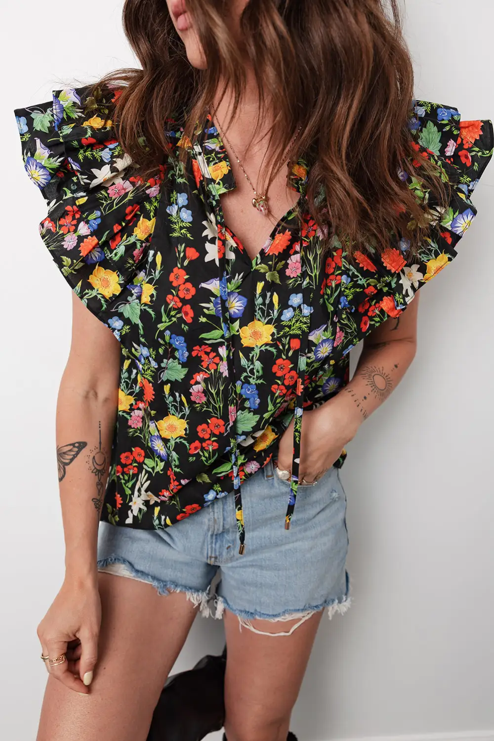 Women's Flower Motif V Neck Flutter Sleeve Top