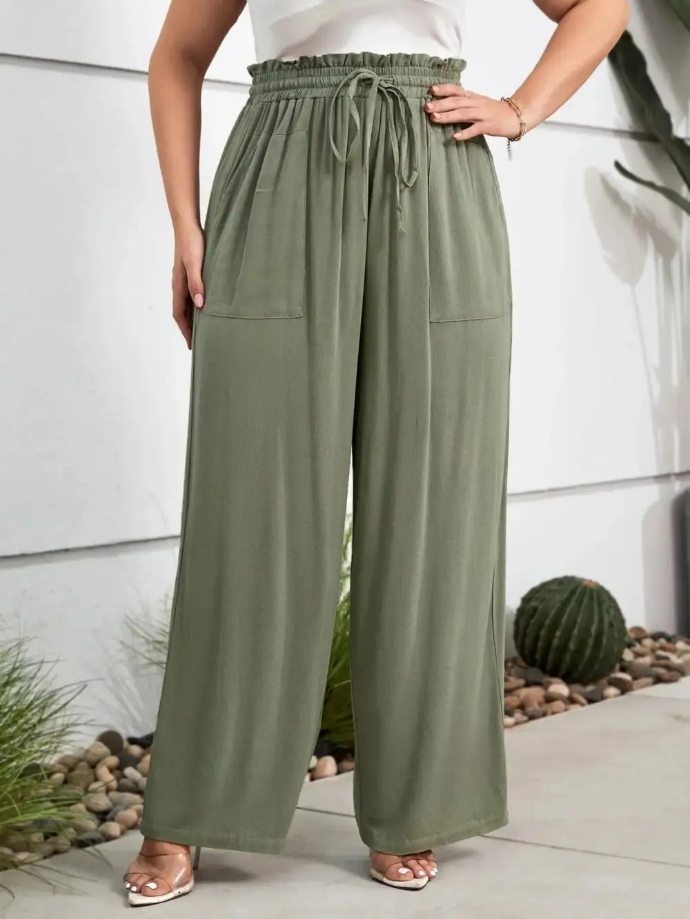 Wide Leg High Waist Drawstring Paperbag Waist Pants
