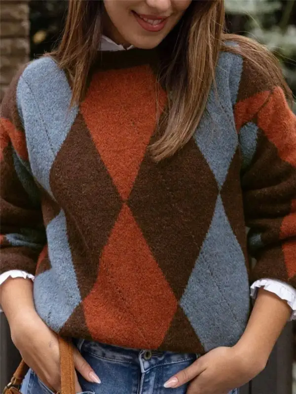 Vintage Argyle Round Neck Sweater