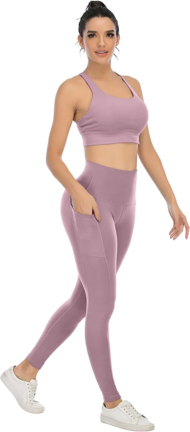 YOUNGCHARM 4 Pack Leggings with Pockets for Women,High Waist Tummy Control Workout Yoga Pants