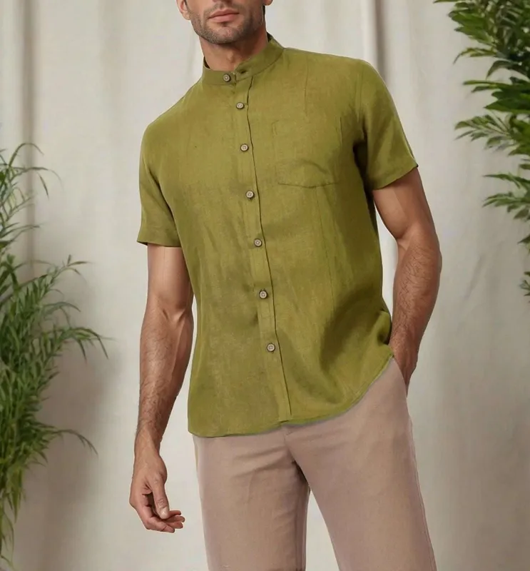 Sap Green Linen Mandarin Collar Shirt