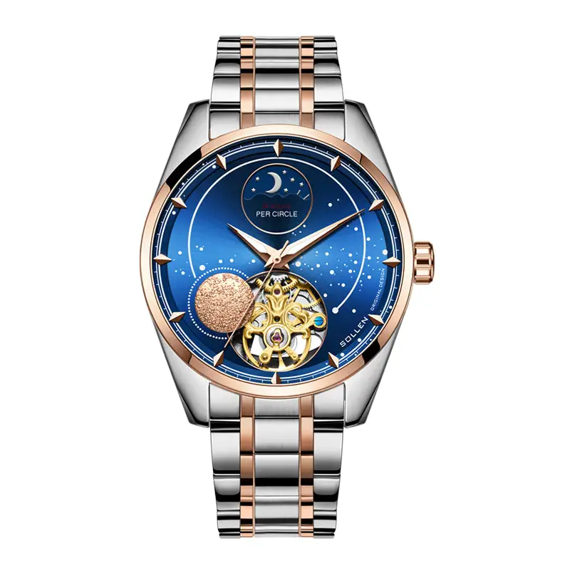 Sollen SL329 Men's Open Heart Automatic Mechanical Watch - 41mm Stainless Steel Case Sapphire Crystal Moon Phase Celestial Dial Bracelet Wristwatch