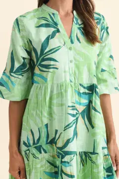 Above-Knee Floral Cotton Tiered Ruffle V-Neck Half-Sleeve Dress