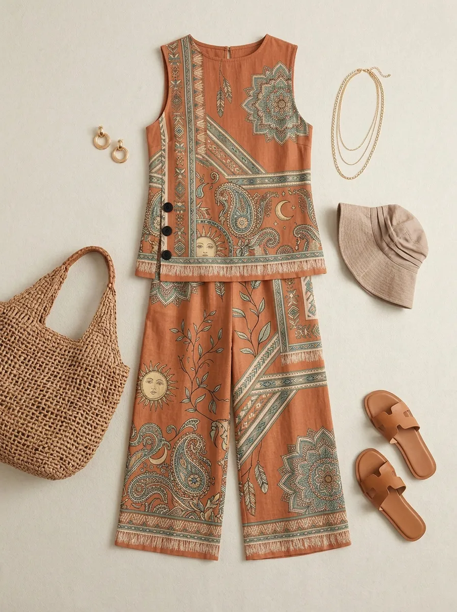 Women's Boho Sun Paisley Printed Sleeveless Set