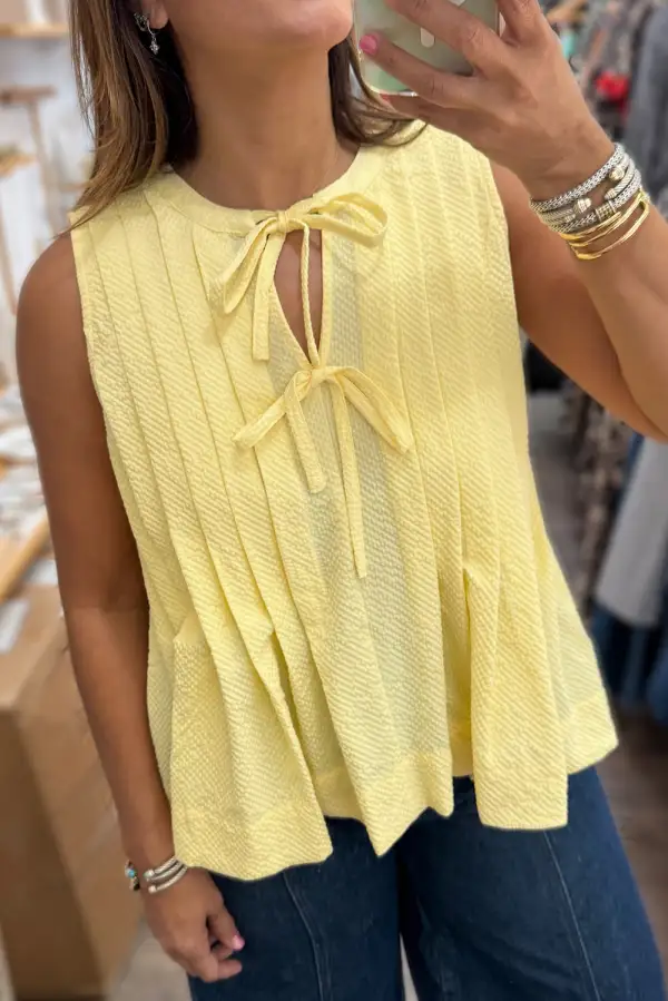 Notched-Neck Bow-Tie Pleated Relaxed-Fit  Tank Top