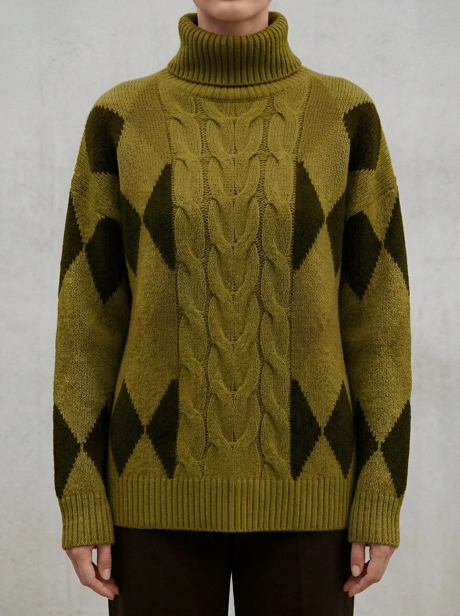 Women's Argyle Pattern Cable Knit Printed Turtleneck Sweater