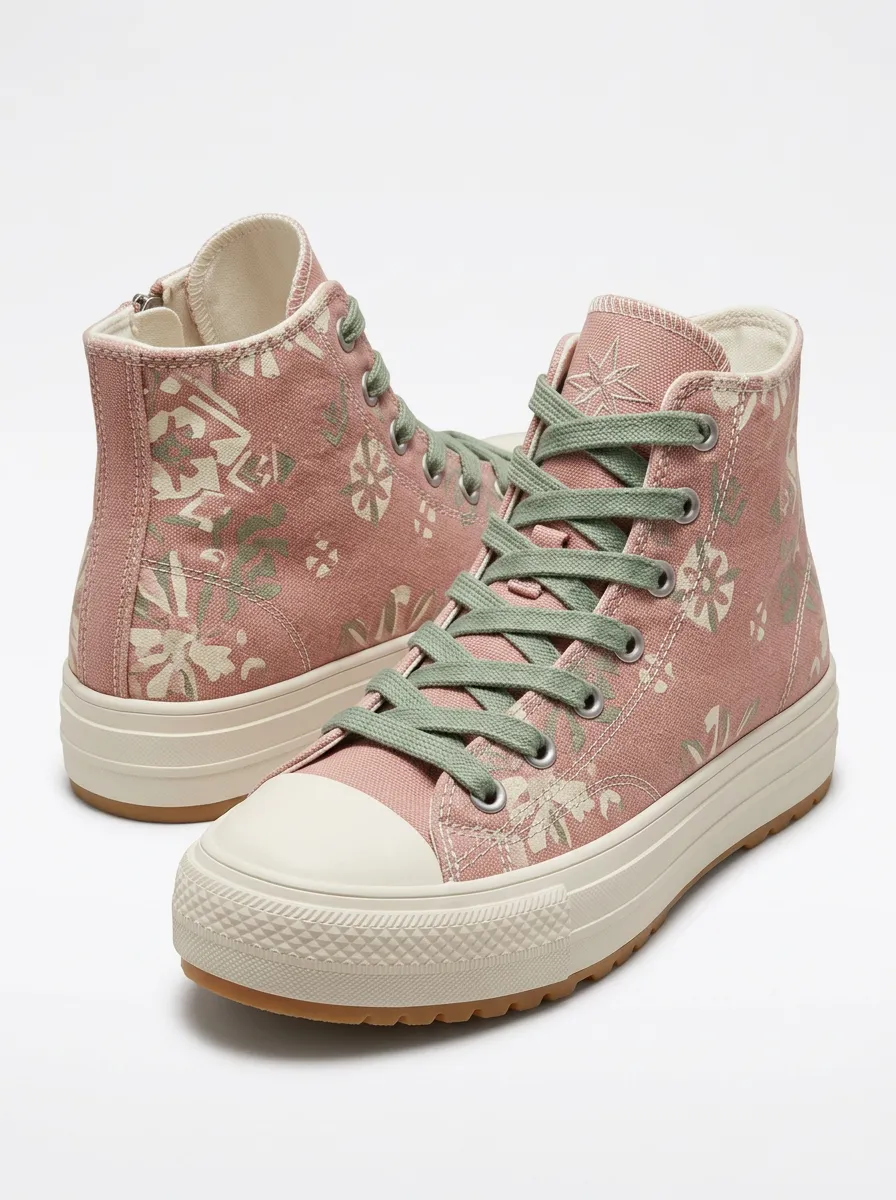 Women's Floral Pattern Pink Canvas Printed High-top Shoes
