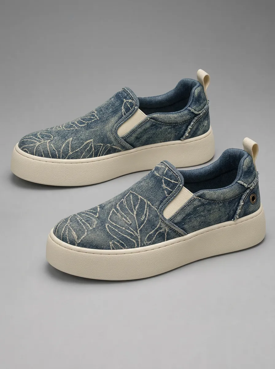 Men's Tropical Leaf Denim Acid Wash Skate Shoes