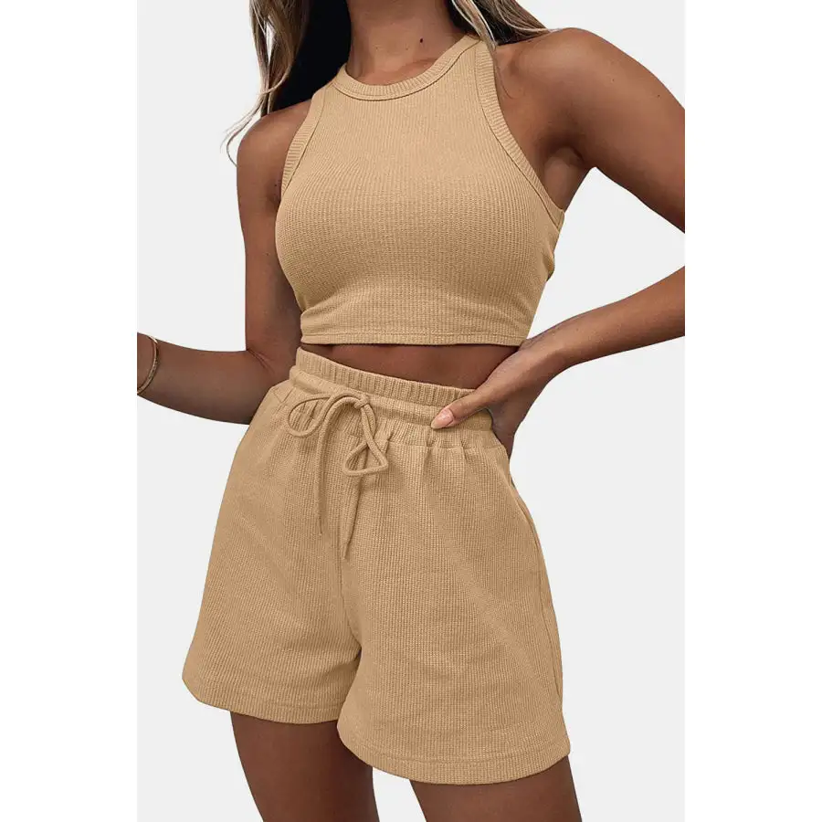 Relaxed Round Neck Top and Drawstring Shorts Set