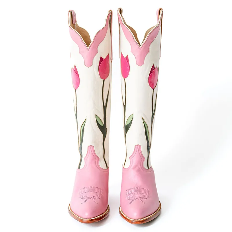 Faux-Leather Floral Patchwork Chunky-Heel Knee-High Boots