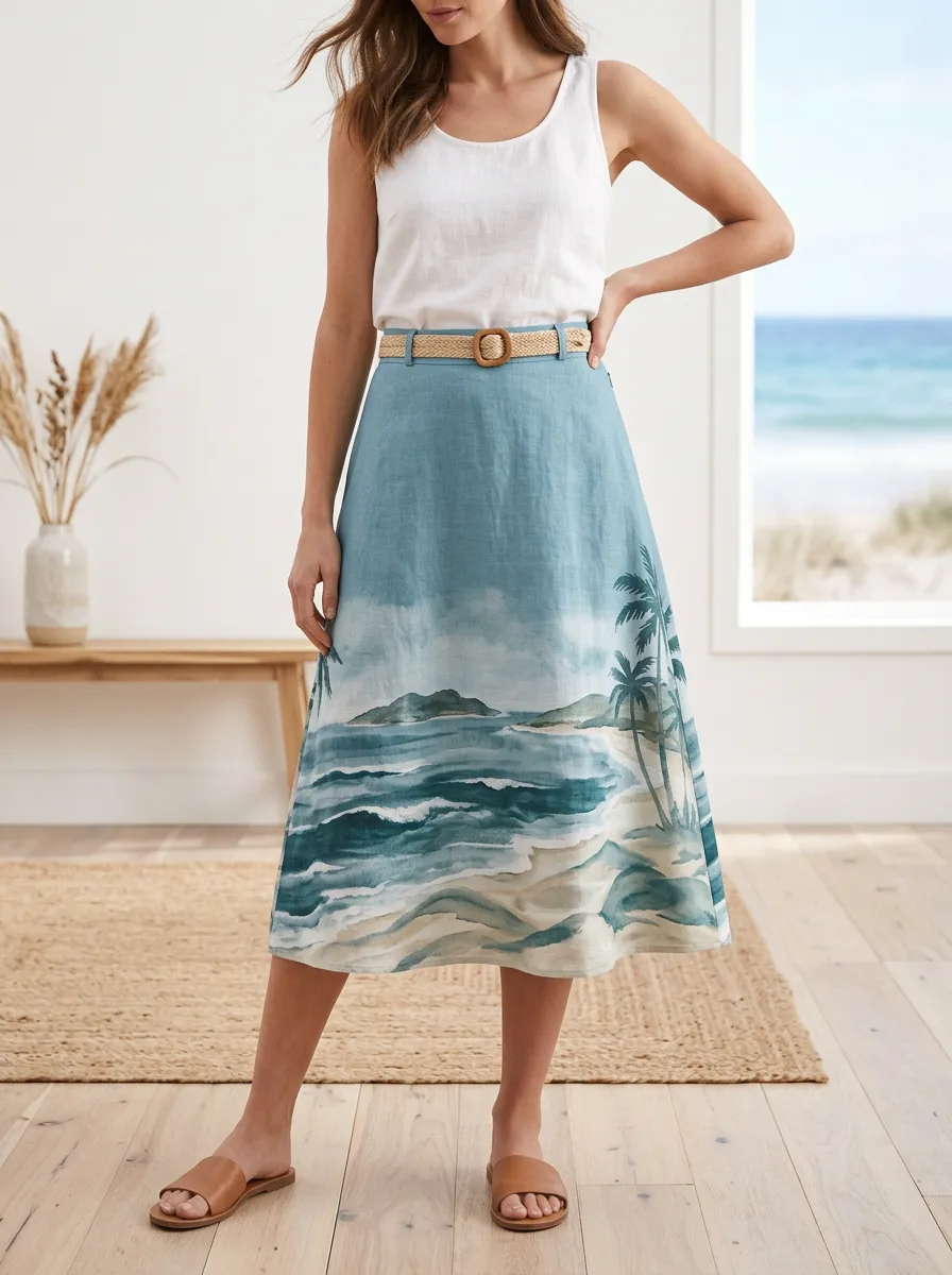 Women's Beach Lover Tropical Ocean Palm Printed Skirt