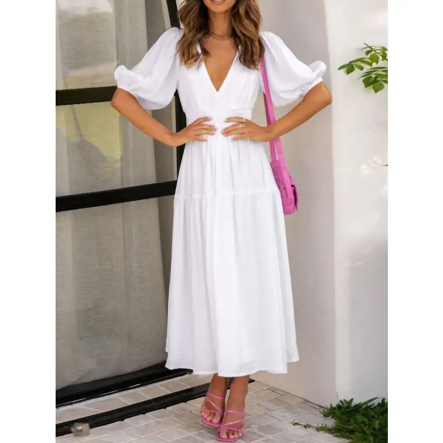 Neck V-Neck Puff Sleeve Midi Dress