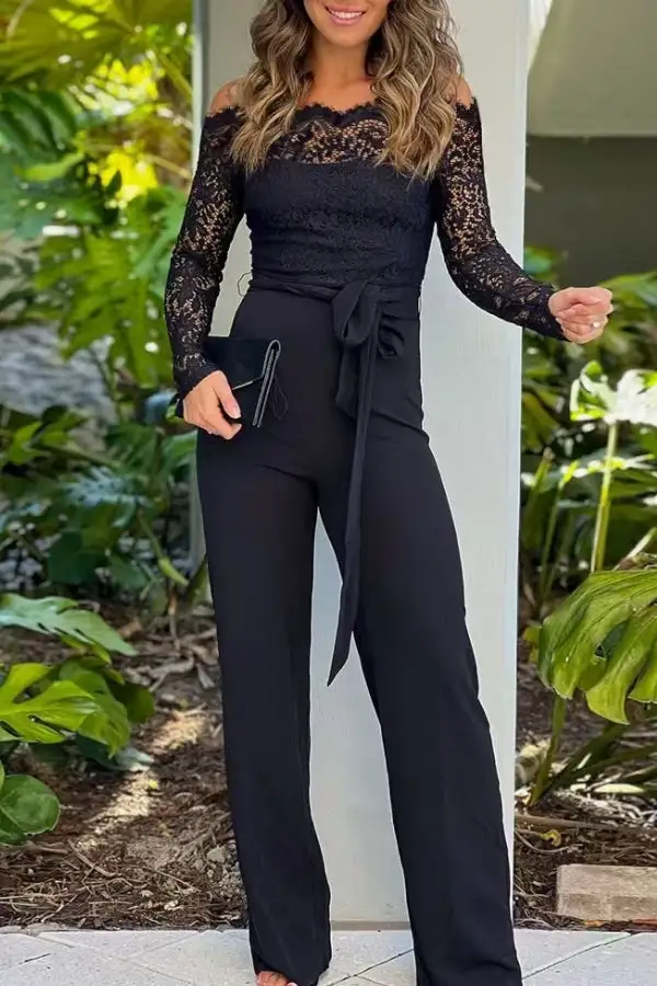 Lace Patchwork Off-Shoulder Belted Jumpsuit