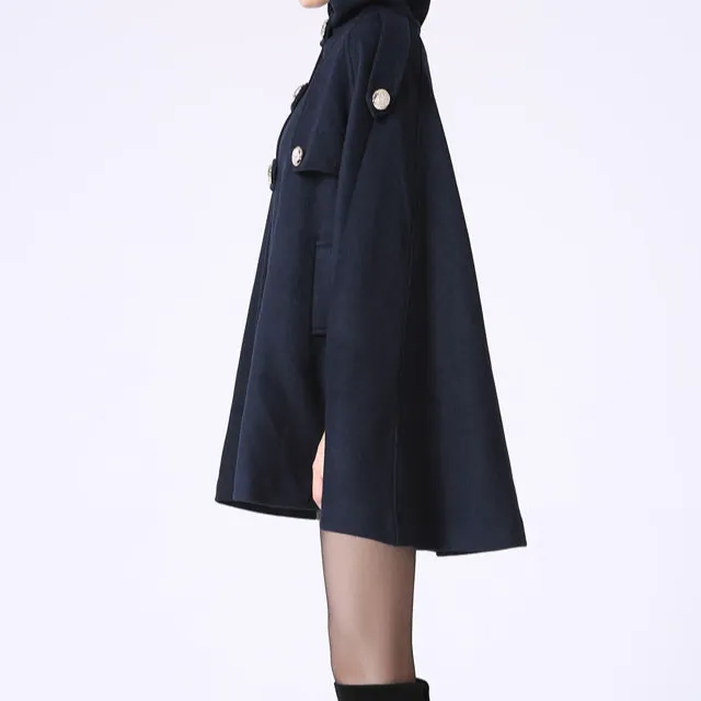 Polished Wool Blend Cape Hooded Double Breasted Cape Detail Coat