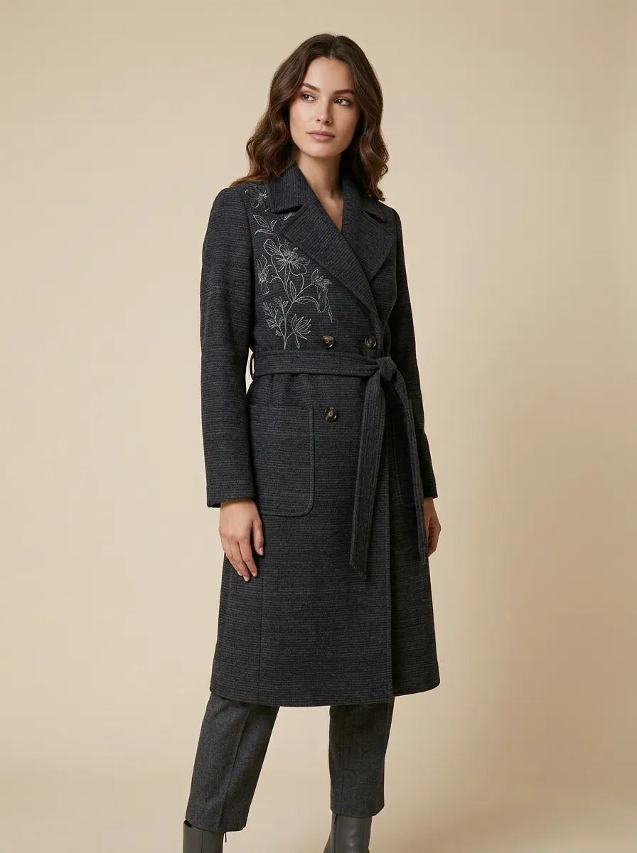 Women's Floral Embroidered Dark Gray Belted Wool-Blend Coat