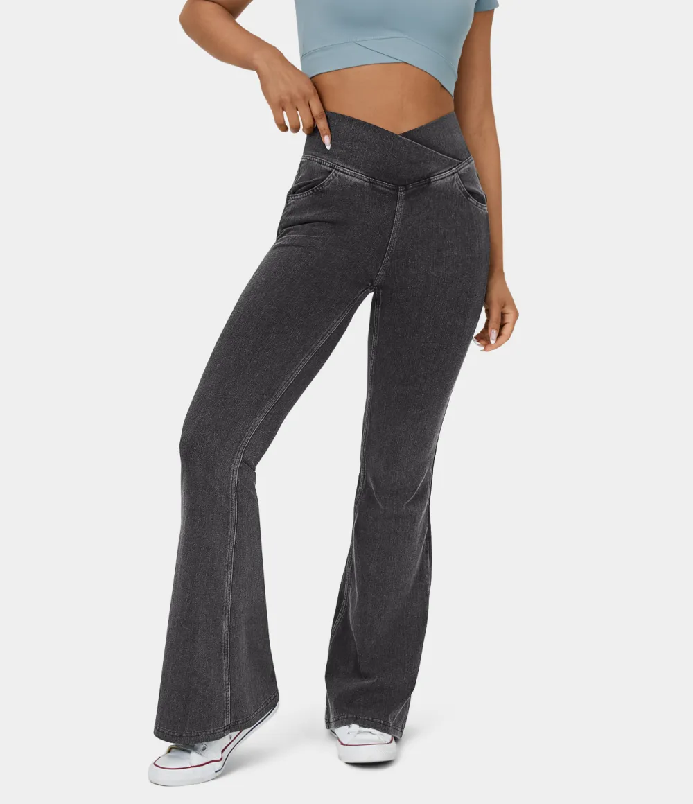 Magic High Waisted Crossover Pocket Cool Touch Washed Stretchy Knit Casual Super Flare Jeans
