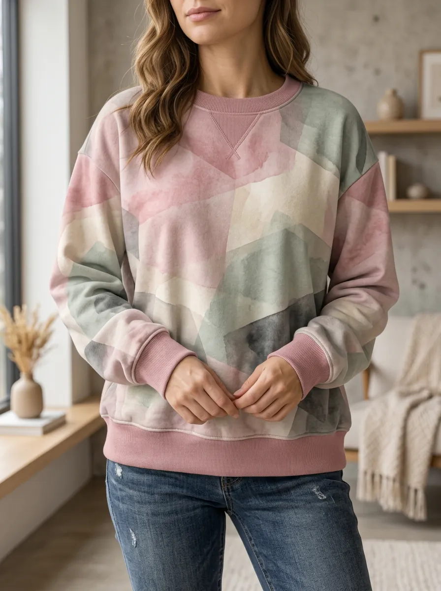 Women's Multicolor Abstract Print Crewneck Sweatshirt Fleece