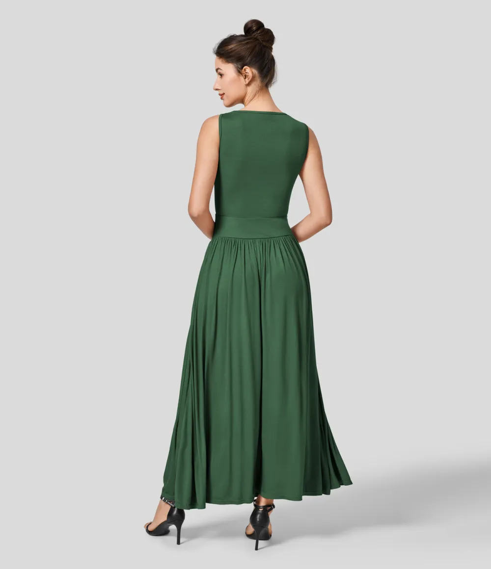 Ribbed Boat Neck Ruched Side Pocket Flowy Maxi Casual Dress