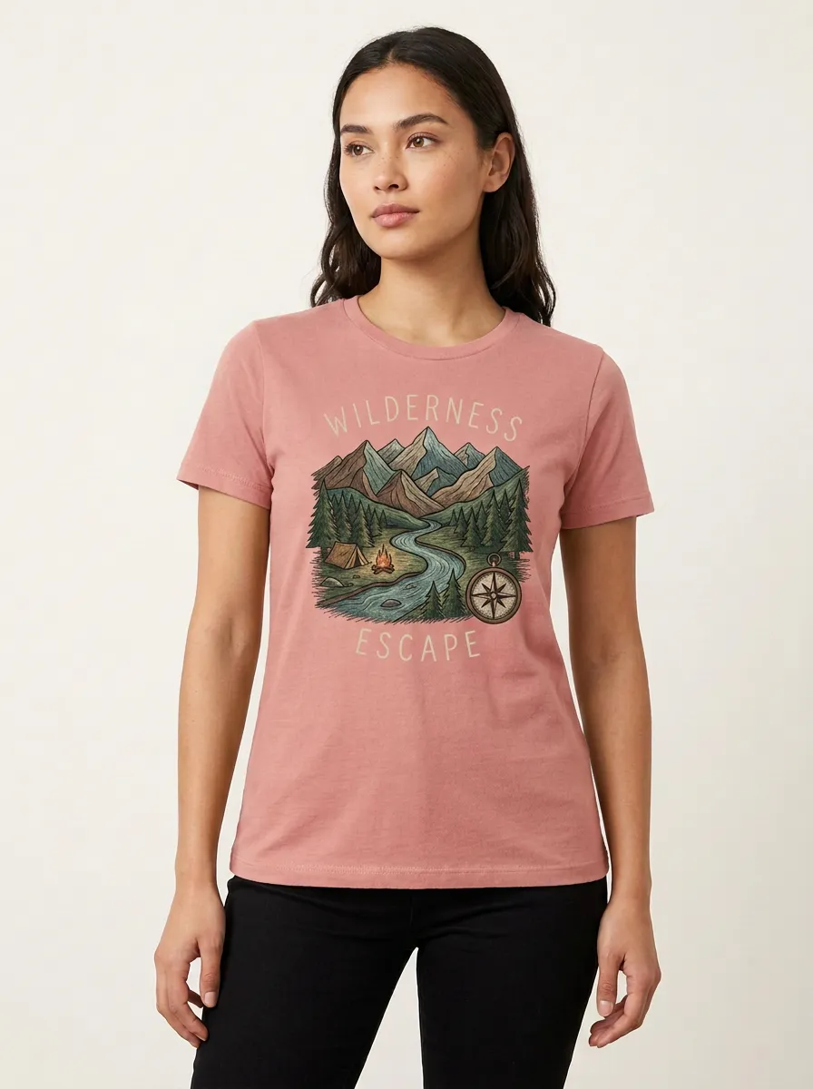 Women's Wilderness Camping Mountain Compass Graphic T-Shirt