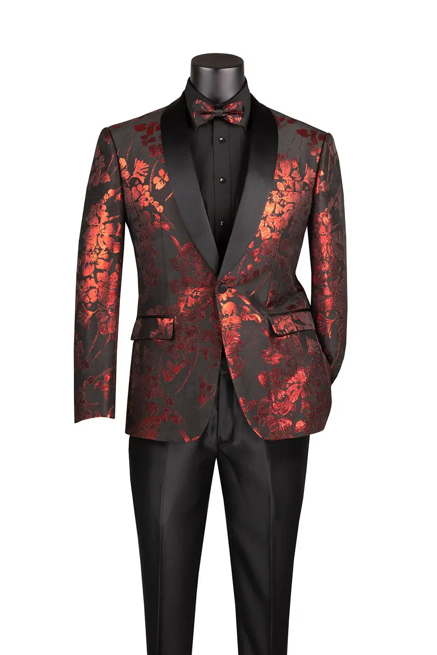 Red Slim Fit Floral Single Breasted Shawl Lapel Side Vents Jacket