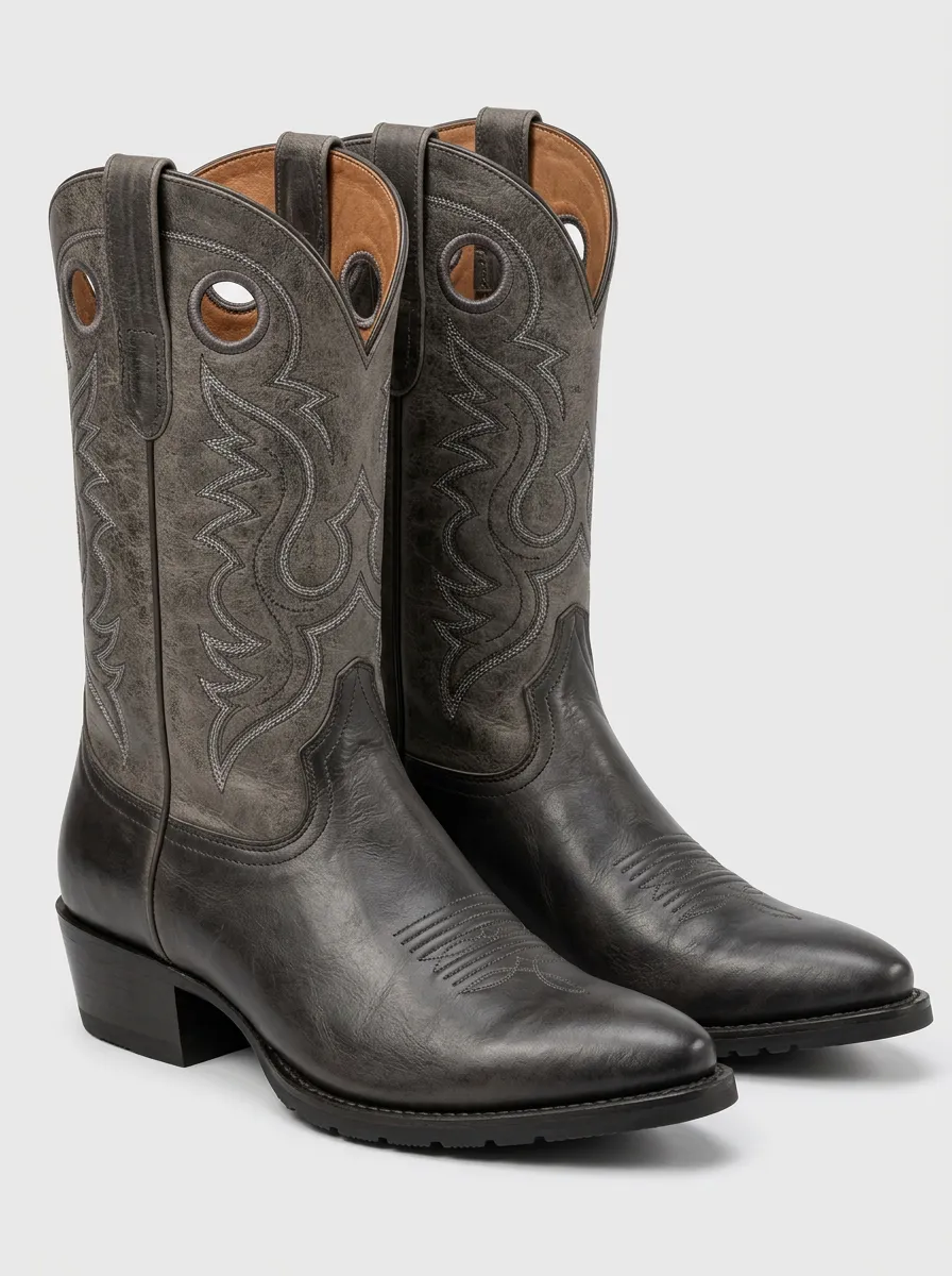 Men's Grey Leather Cowboy Boots with Embroidered Stitchwork