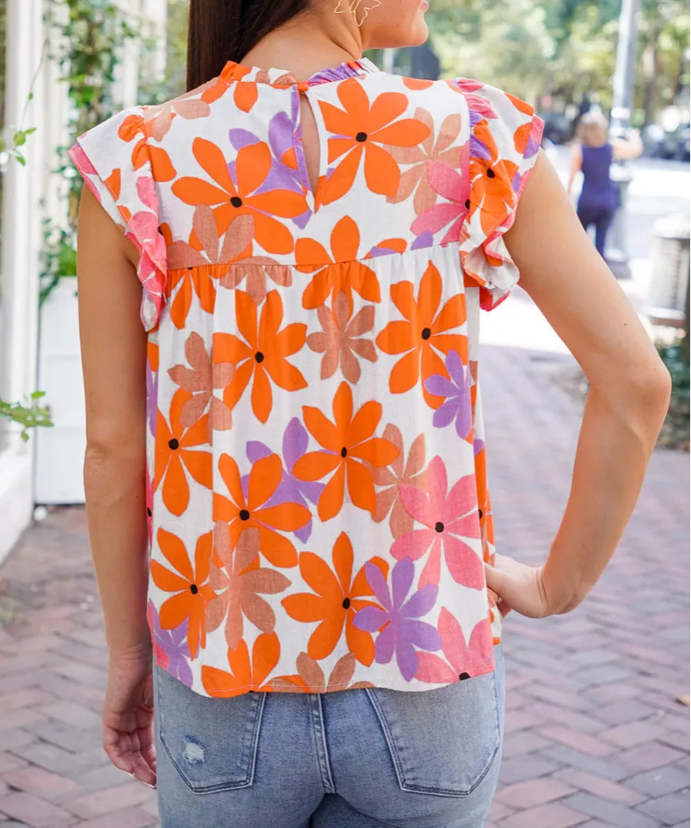 Orange Ruffled Sleeve Smocked Floral Top