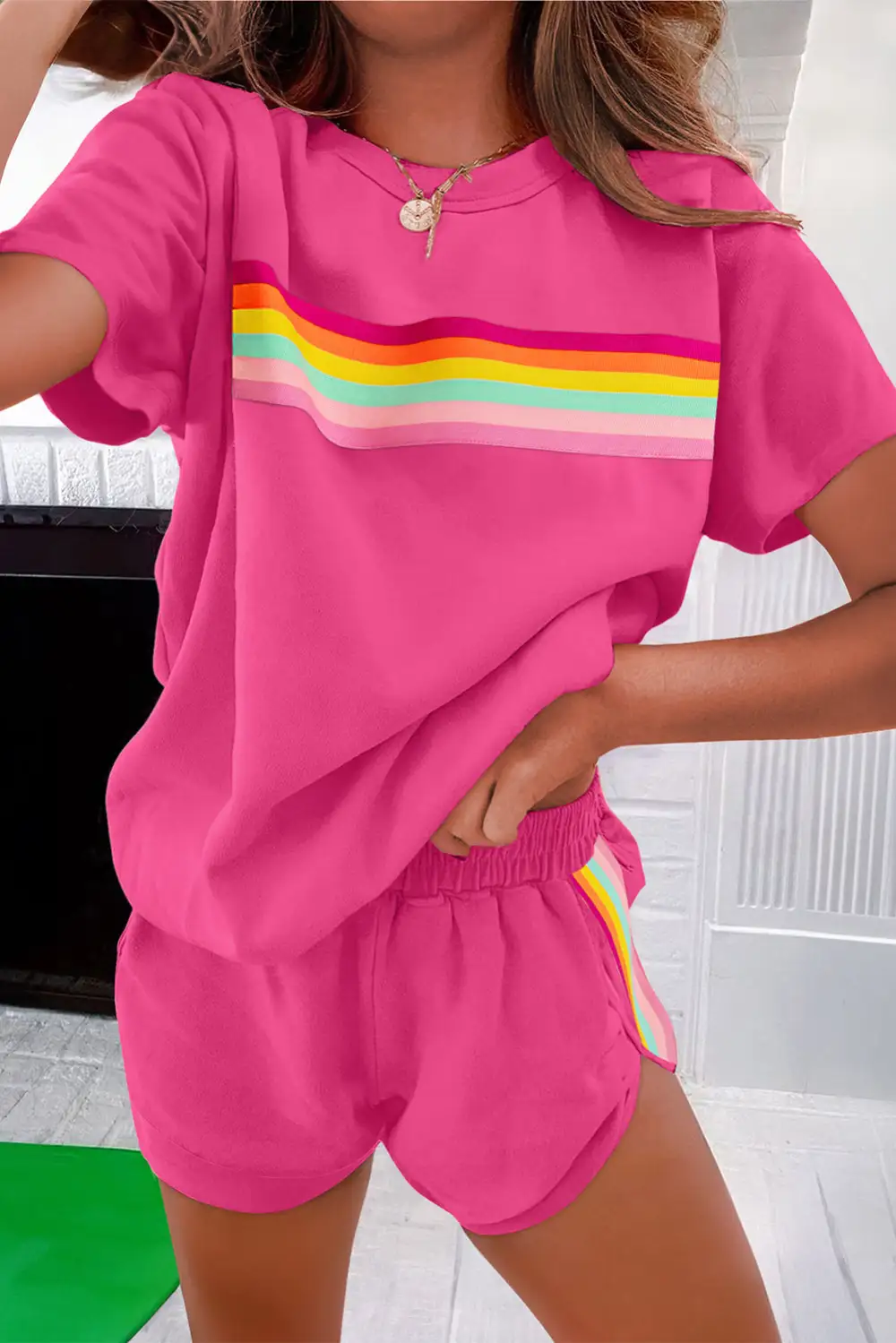 Women's Vibrant Striped Detail Athleisure Two Piece Short Set
