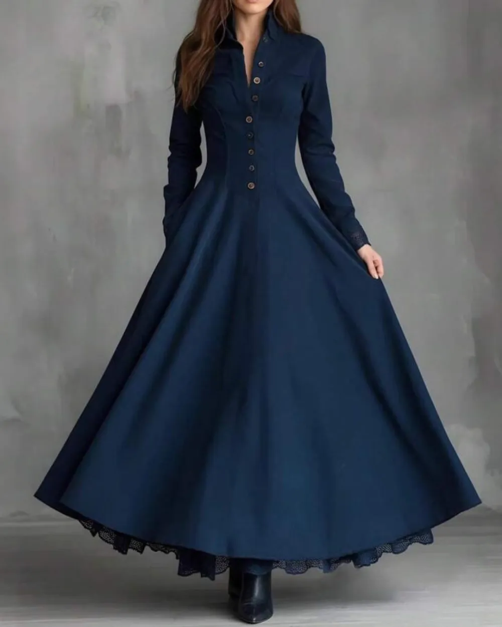 Vintage Faux Suede Lace Trim Shirt Maxi Dress