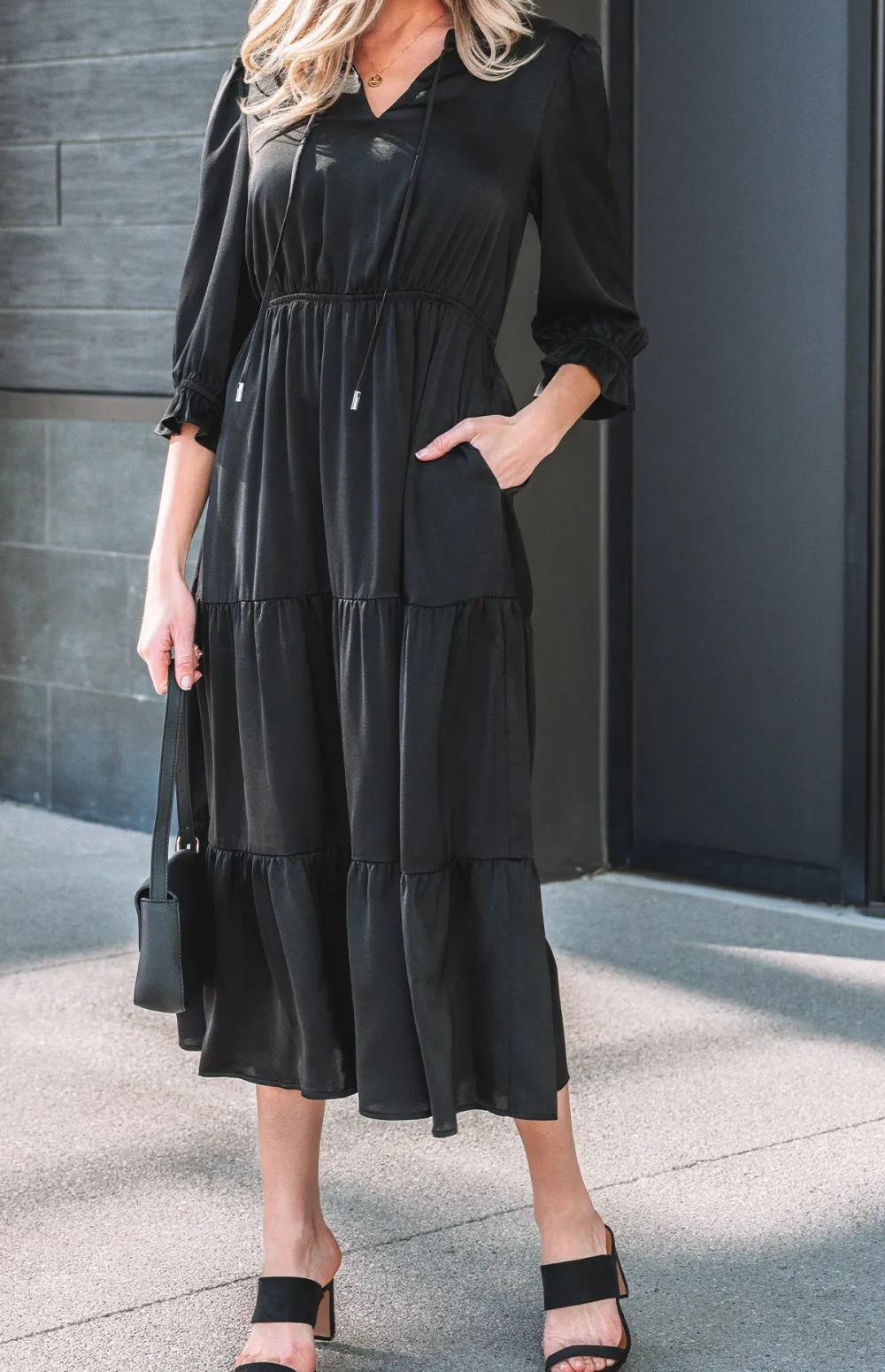 Flounced Bracelet Sleeve V Neck Tiered Maxi Dress