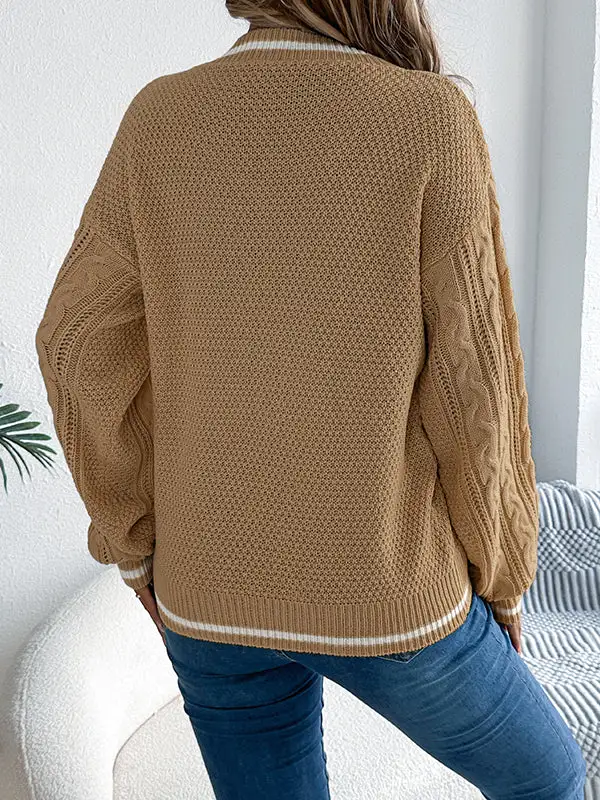 Cable Knit Paneled V-Neck Puff Sleeve Long Sleeve Knit Top
