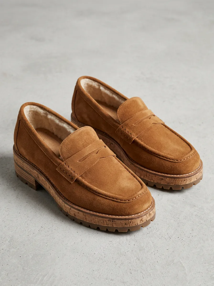 Women's Trail Faux Fur Lined Suede Wood Sole Loafers
