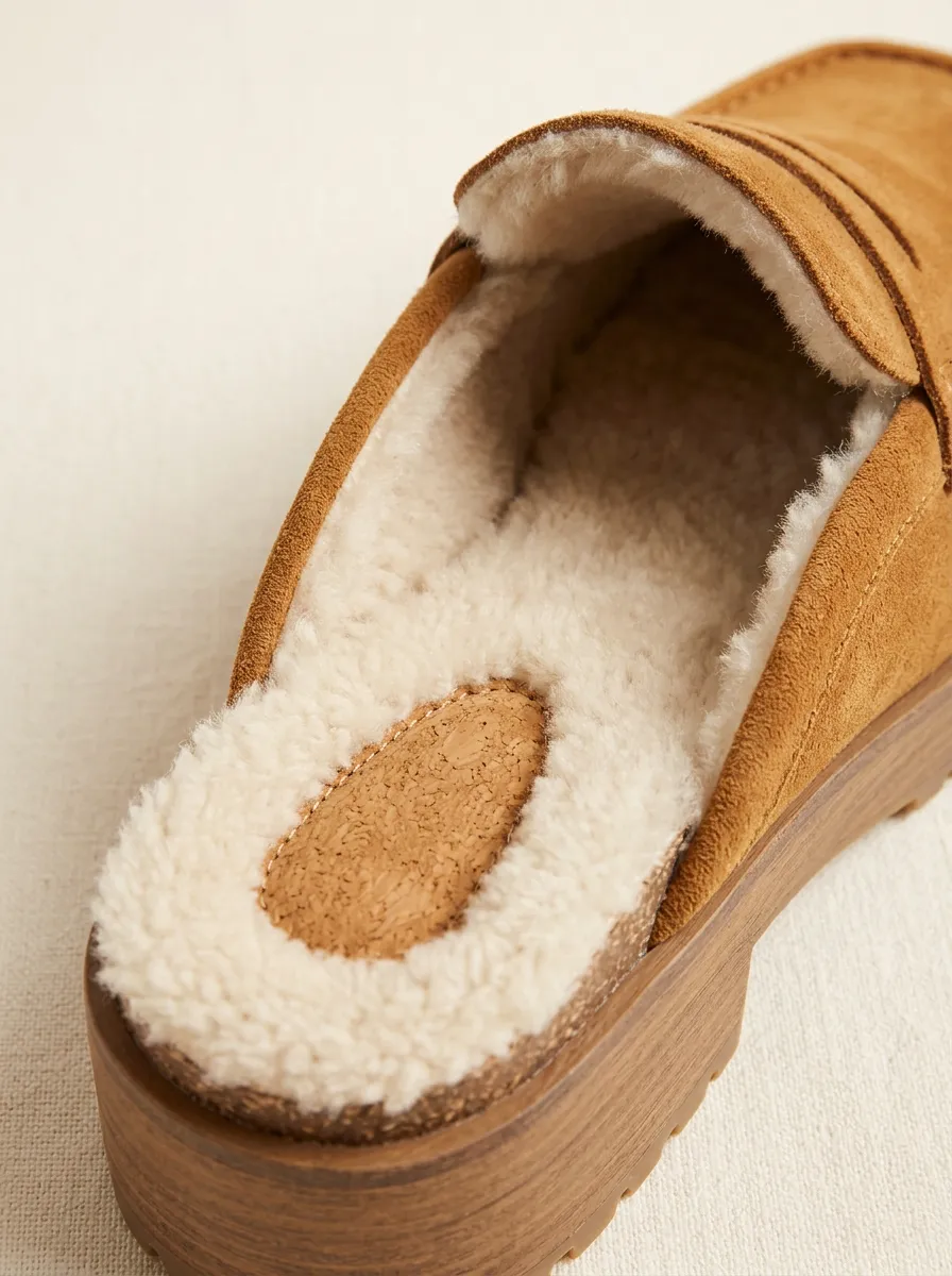 Women's Faux Fur Lined Clog Style Winter Suede Wood Sole Loafers