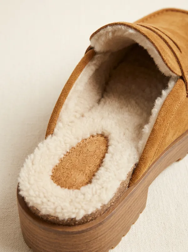 Women's Faux Fur Lined Clog Style Winter Suede Wood Sole Loafers
