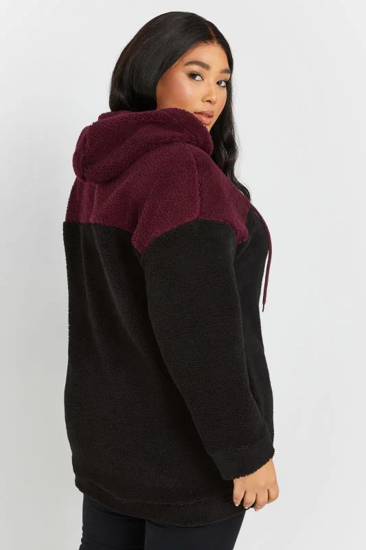 Black & Burgundy Red Colourblock Teddy Fleece Hoodie detail 2