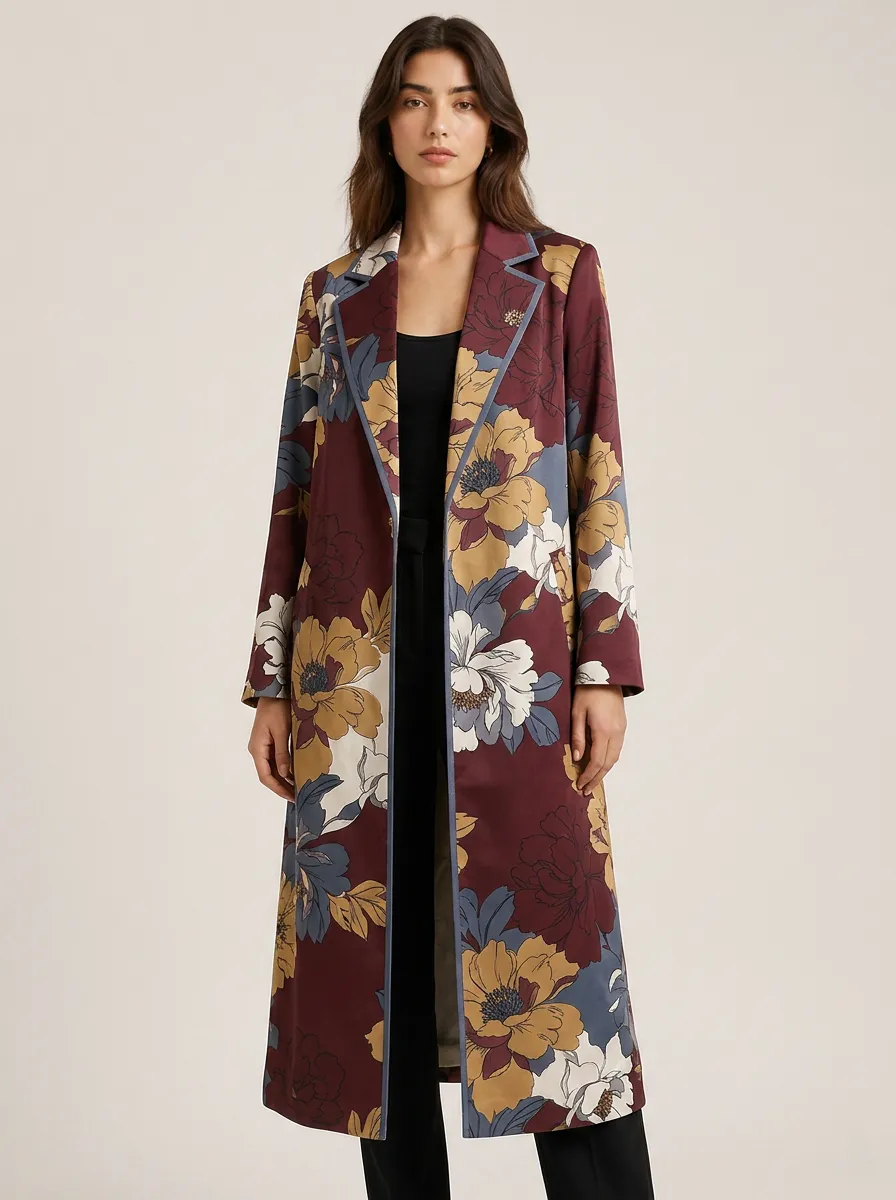 Women's Floral Lover Burgundy Vintage Flower Printed Long Coat