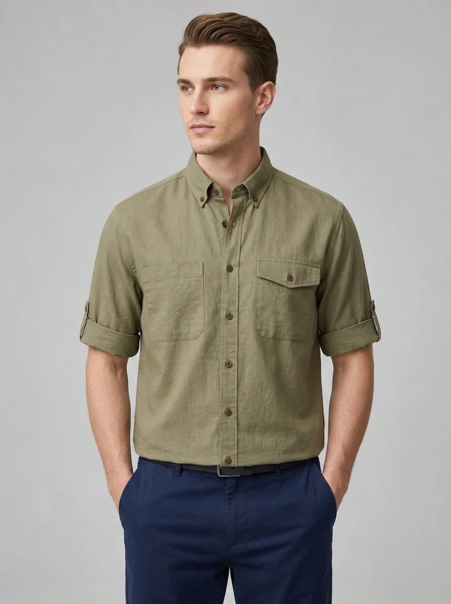 Men's Casual Olive Green Breathable Linen Button Down Shirt