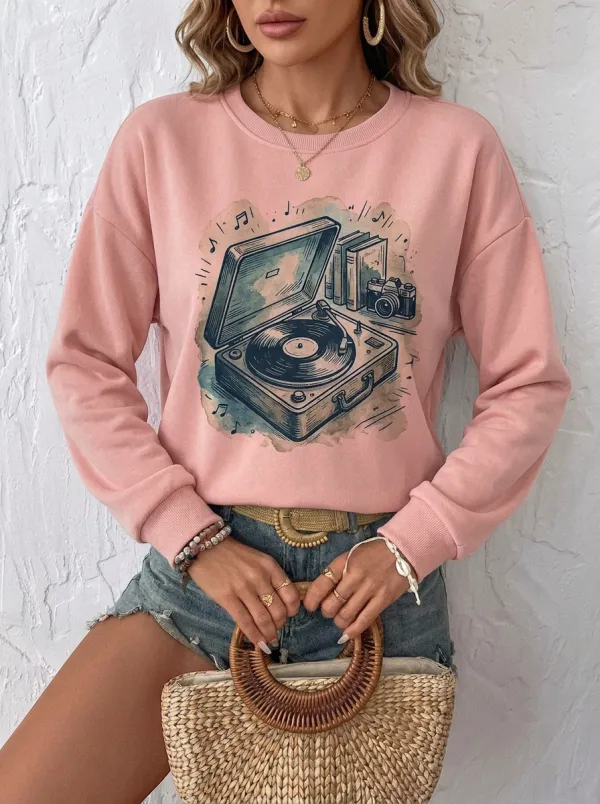 Women's Music Vintage Record Player Camera Graphic Sweatshirt