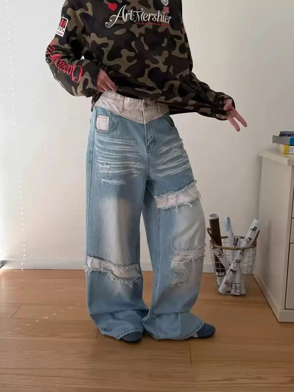 Distressed And Ripped Wide Leg Jeans