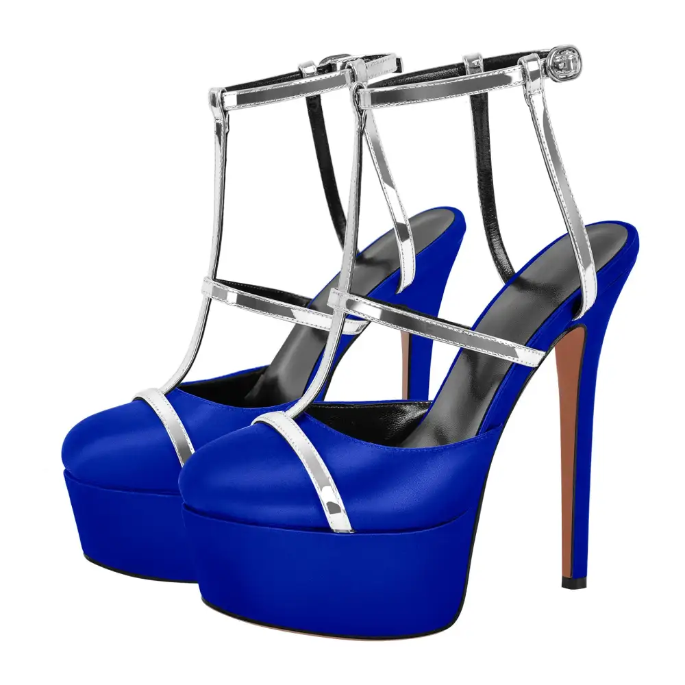 Modern Round Toe Platform Stiletto Ankle Strap Pumps