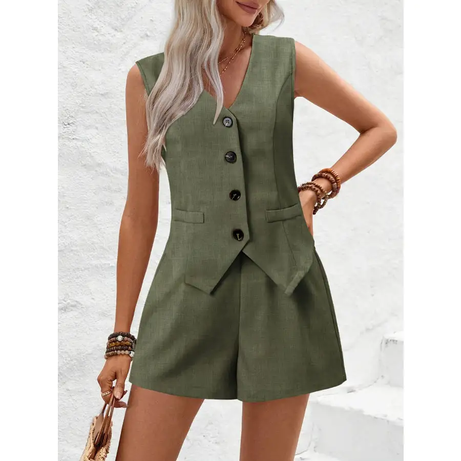 V Neck Button Down Vest and Shorts Set