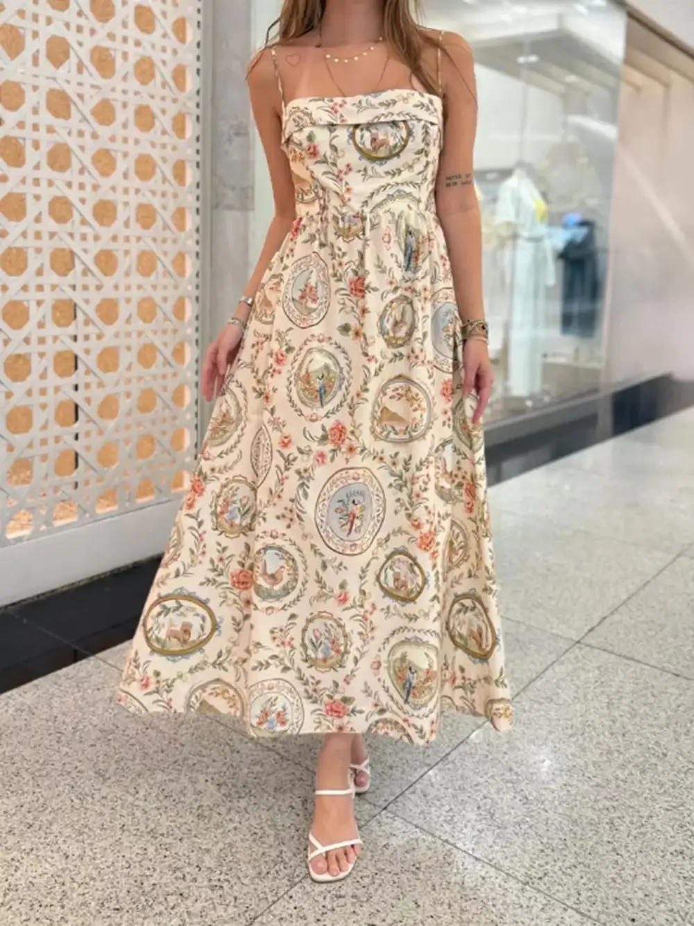 Relaxed Print Spaghetti Strap Midi Dress