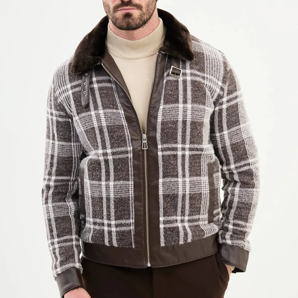 Slim Fit Zip Front Plaid Wool Tailored Coat